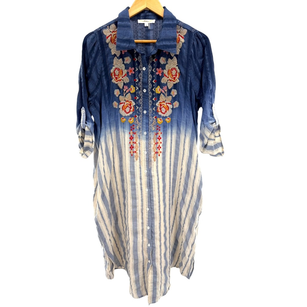 Andree by UNIT Blue Ombre Striped‎ Floral Embroidered Cotton Tunic Dress Small